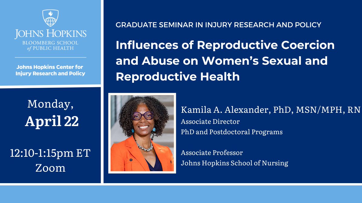 Join us Monday, 4/22 as we host <a href="/kamilaalexander/">Kamila A. Alexander</a>, PhD, MSN/MPH, RN! Dr. Alexander will define reproductive coercion &amp; abuse, discuss sexual &amp; reproductive health inequities, clinical &amp; community-based interventions, and so much more. Register to attend at: jhjhm.zoom.us/meeting/regist…