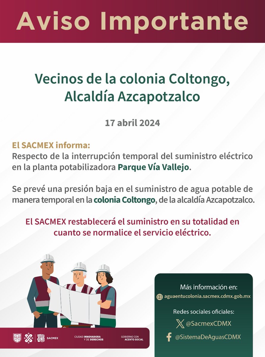 🚨 Atención vecinos de la Colonia Coltongo: SACMEX informa sobre la situación en la planta potabilizadora de Parque Vía Vallejo. 🔧💧