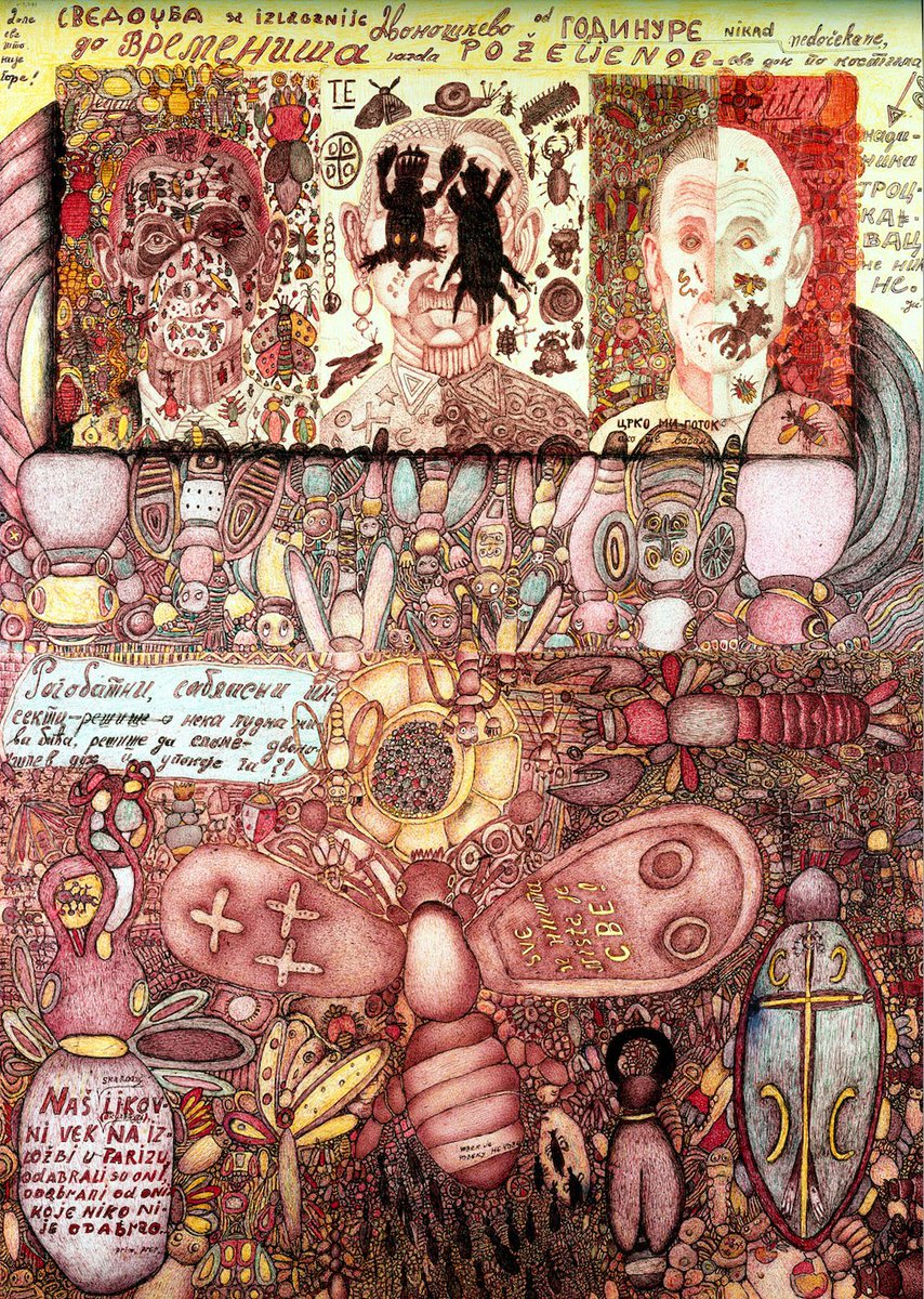 Delve into the haunting world of Vojislav Jakić in #RawVision 108, where each drawing is a profound meditation on mortality, marked by echoes of death and adorned with shelves of odd trinkets.
rawvision.com/products/issue…

#outsiderart #artbrut #selftaughtart #rawvisionmagazine