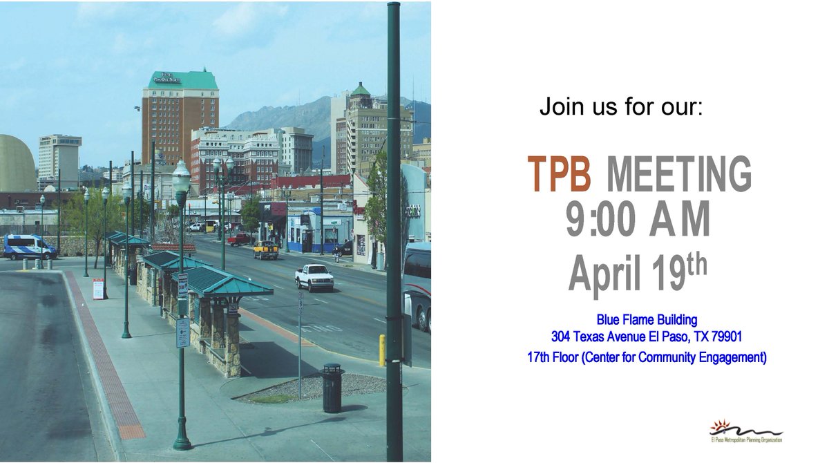 El Paso MPO (TPB) will hold a meeting on Friday April 19, 2024, at 9:00am Download the TPB Agenda: elpasompo.org/TPBMinutesandA…………If you wish to participate on public Comment please call 915-212-0258 or email menriquez@elpasompo.org to sign up prior to the meeting #ElPasoMPO_TPB