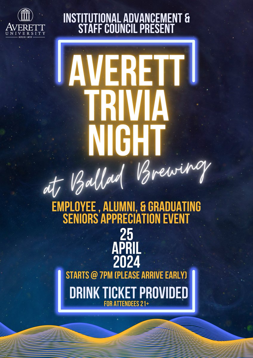 The Office of Institutional Advancement and Averett's Staff Council are inviting all current employees, alumni and graduating seniors to Averett Trivia Night at Ballad Brewing next Thursday, April 25, at 7 p.m. 

#AllAverett #AverettFamily