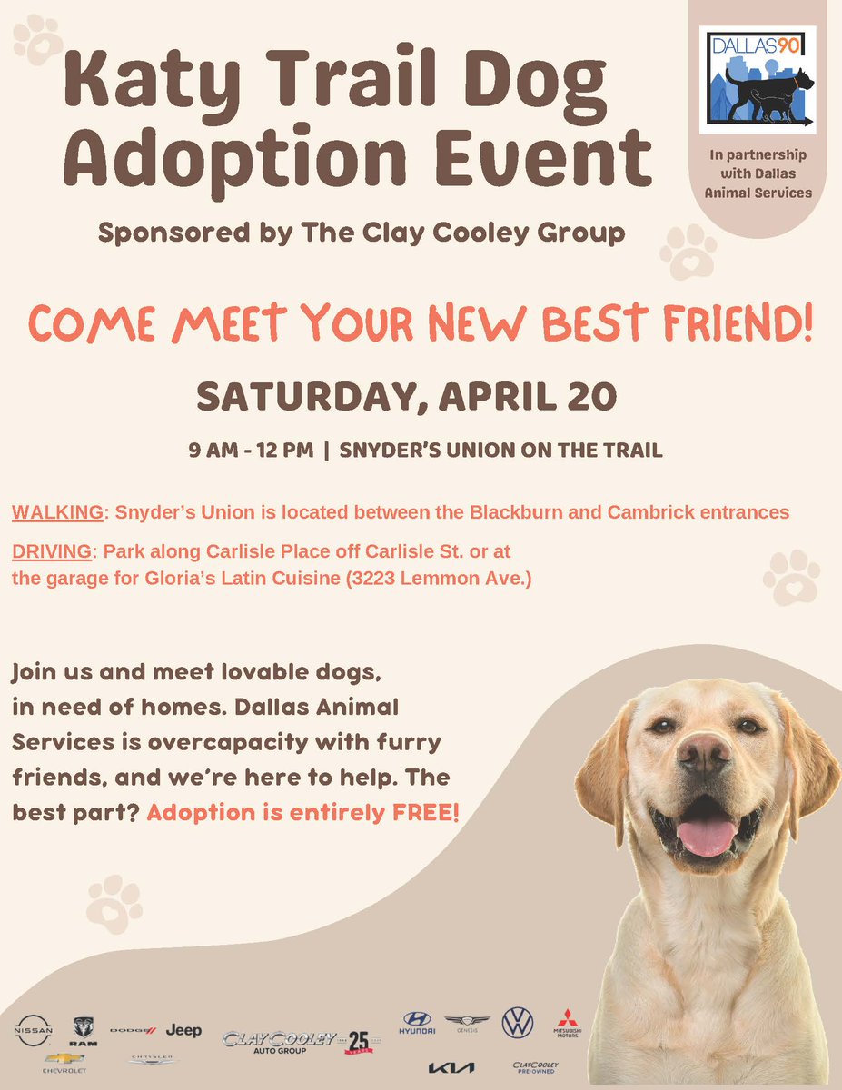 We'll be at the Katy Trail this Saturday, April 20th with adoptable dogs from 9am to 12pm. We hope to see you there!