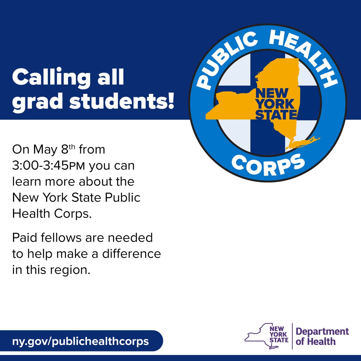 Grad students, don’t miss the upcoming presentation from the New York State Public Health Corps on how to become a paid fellow in our community. @HealthNYGov ➡️ Register for an upcoming presentation: zoom.us/meeting/regist… ➡️ Learn more: ny.gov/publichealthco…