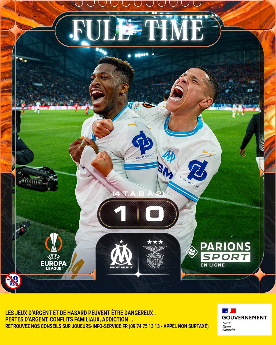 ⏱ 120’ | #OMSLB  1️⃣-0️⃣ [TAB 4️⃣-2️⃣]

𝐃𝐑𝐎𝐈𝐓 𝐀𝐔 𝐁𝐔𝐓 ! 🔵⚪️

Au bout d’une prestation épique, nos Olympiens rejoignent le 𝐝𝐞𝐫𝐧𝐢𝐞𝐫 𝐜𝐚𝐫𝐫𝐞́ de l’<a href="/EuropaLeague/">UEFA Europa League</a> ! 🔥
𝐍𝐎𝐔𝐒 𝐒𝐎𝐌𝐌𝐄𝐒 𝐋𝐄𝐒 𝐌𝐀𝐑𝐒𝐄𝐈𝐋𝐋𝐀𝐈𝐒 ! 💙