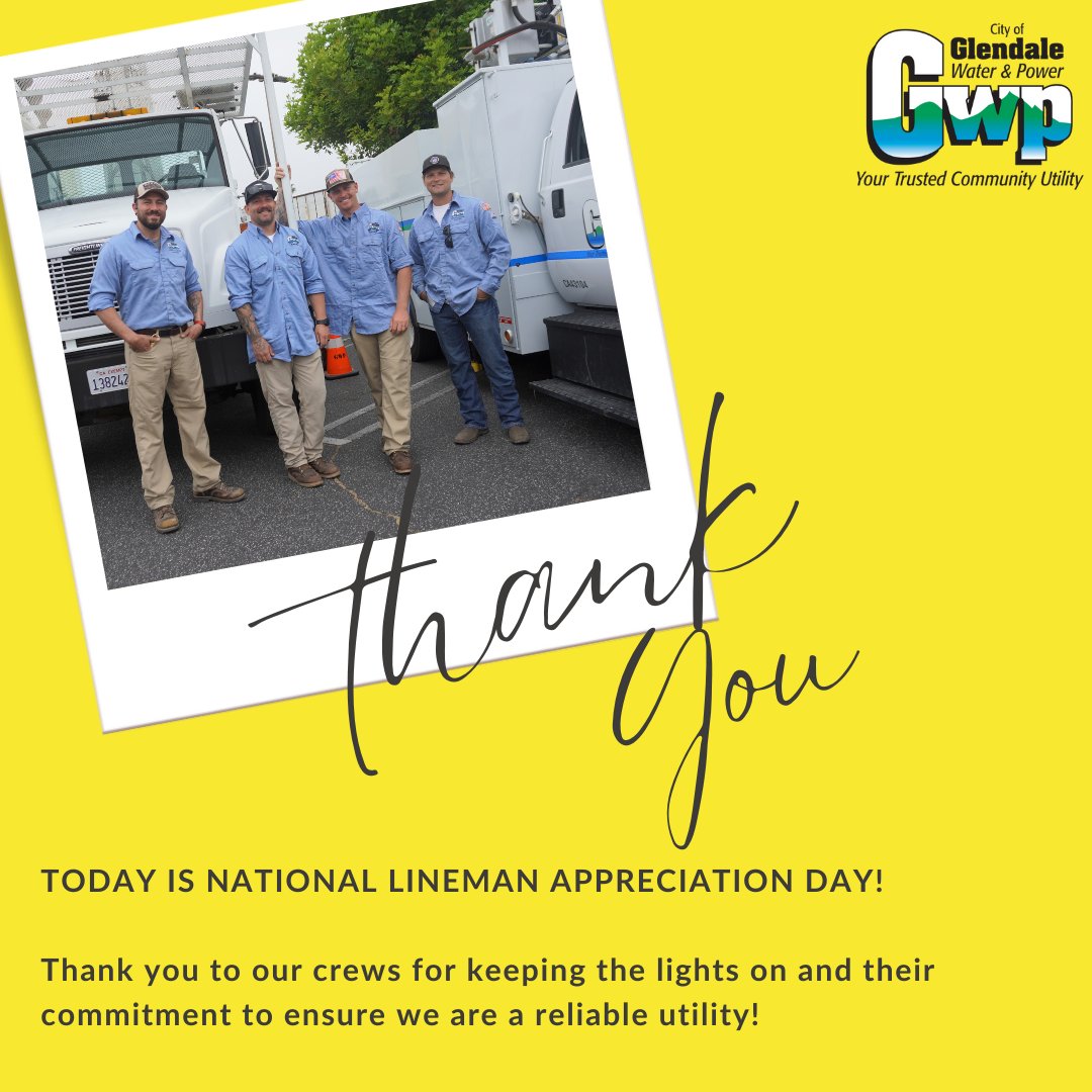 Today, we say a heartfelt THANK YOU to all the linemen for their service, commitment, and courage as we celebrate #NationalLinemanAppreciationDay 
Let's take a moment to honor the hardworking individuals who keep our lights on, our homes warm, and our lives powered. #myglendale