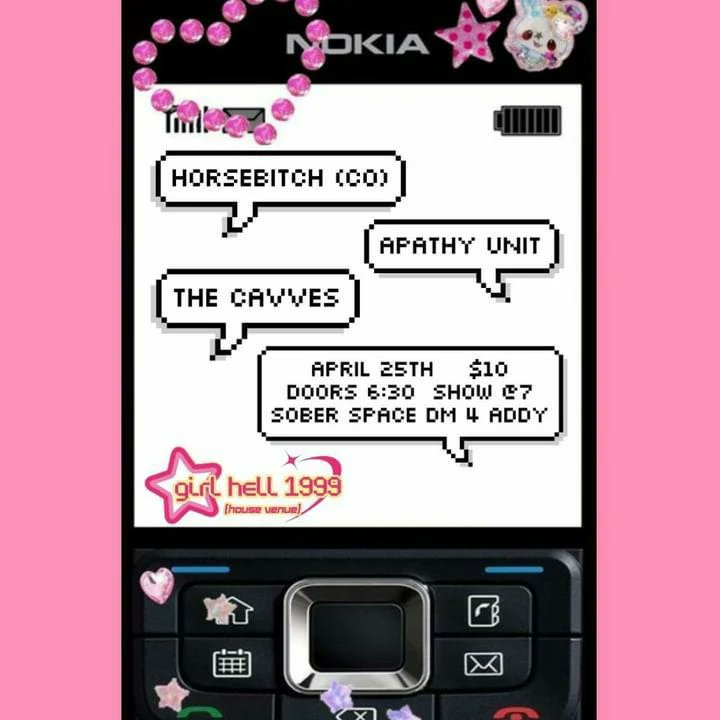 THECAVVES's tweet image. hi hi hi sorry i literally suck at posting on here but our next gig is in Wichita at Girl Hell :) playing with our buddies @ApathyUnit &amp;amp; Horse Bitch (CO) 🎉🎉

&amp;lt;&amp;lt;APR 25 // 6:30PM // $10&amp;gt;&amp;gt;

see u there!!! ;)