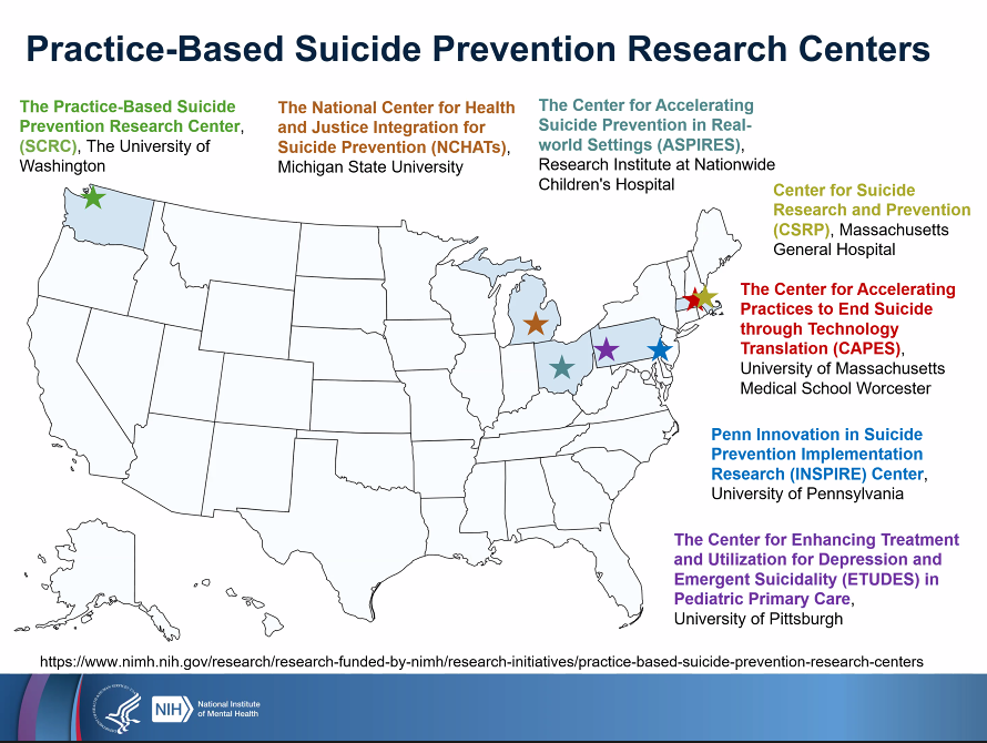 Information on/map of Suicide Prevention Research Centers across the US, presented by Jane Pearson at #SRS24