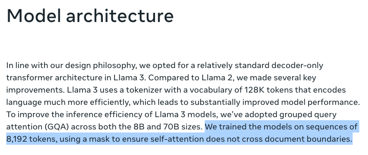Llama 3 was trained using intra-document causal masking, as suggested by @yuzhaouoe's paper 'Analysing The Impact of Sequence Composition on Language Model Pre-Training'! 🚀🚀🚀 arxiv.org/abs/2402.13991