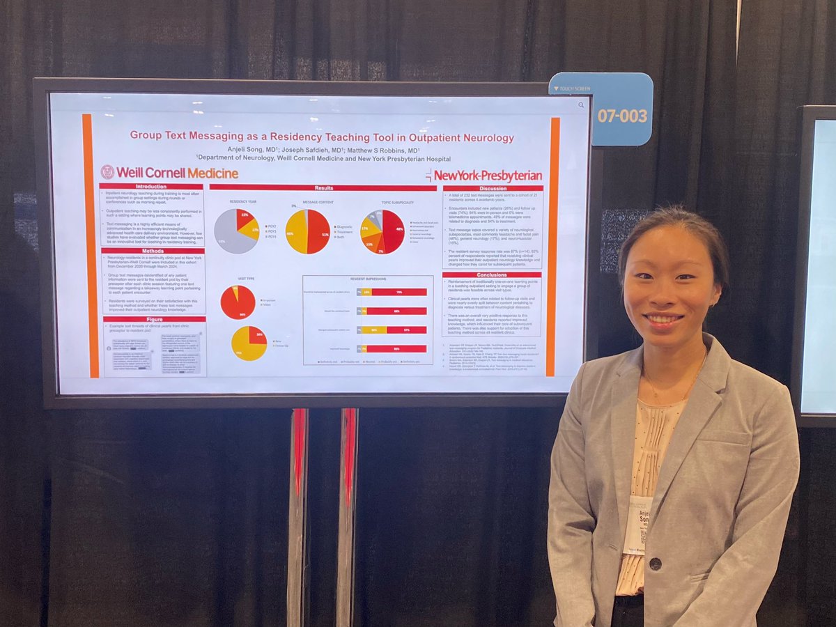 Huge congratulations to @WCMCNeurology resident Dr. @AnjeliSong on presenting our near final dataset on the use of our group texting #MedEd intervention in #neurology resident continuity clinic @AANmember #AANAM! @BrainHealthMD