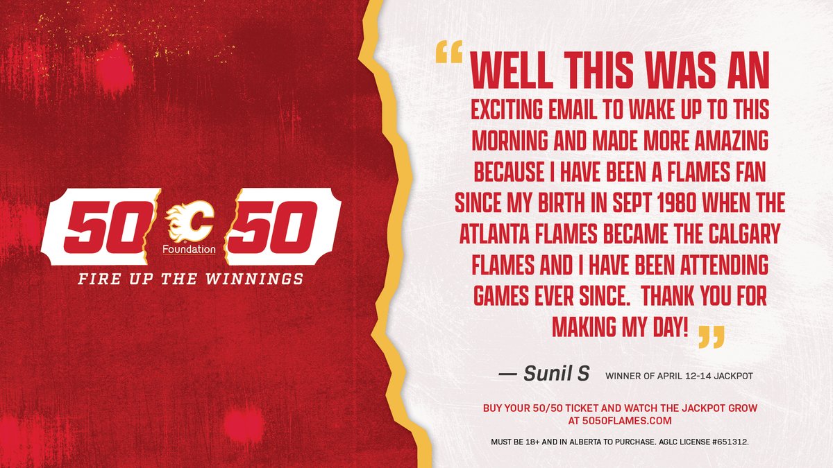 🚨 $820,000 and rising 🚨 All season long, @NHLFlames fans have won big with the 50/50, and tonight YOU could have a night to remember! The jackpot is sure to continue to rise, so be like Sunil and get your 50/50 tickets now! 💵 🎟️ bit.ly/3tkIvSs