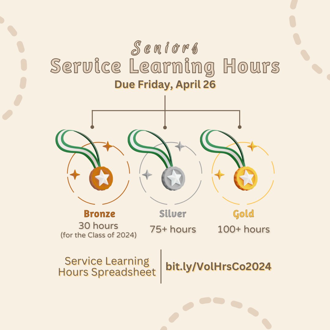 Hey, Seniors! The OPTIONAL Volunteer Service Learning Hours are due on Friday, April 26 if you would like to qualify for the medallions. To see how many hours you have accumulated please go to bit.ly/VolHrsCo2024.

#ClassOf2024 #KHigh4Life #EngageEducateEmpower -CZ