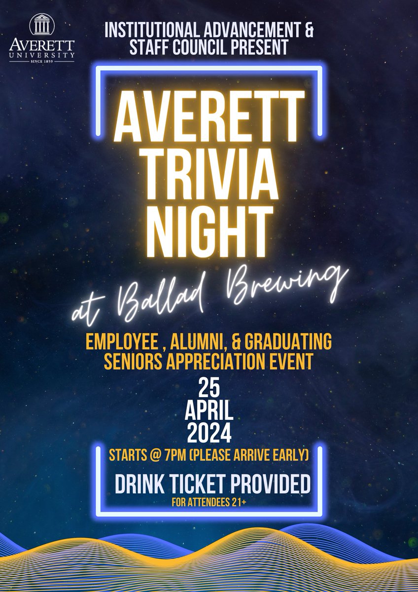 All #AverettAlumni are invited to join us for Averett Trivia Night at Ballad Brewing next Thursday, April 25, at 7 p.m. All current Averett employees, alumni and graduating seniors are invited for a night of fun, Averett-themed trivia! #AllAverett #AverettFamily