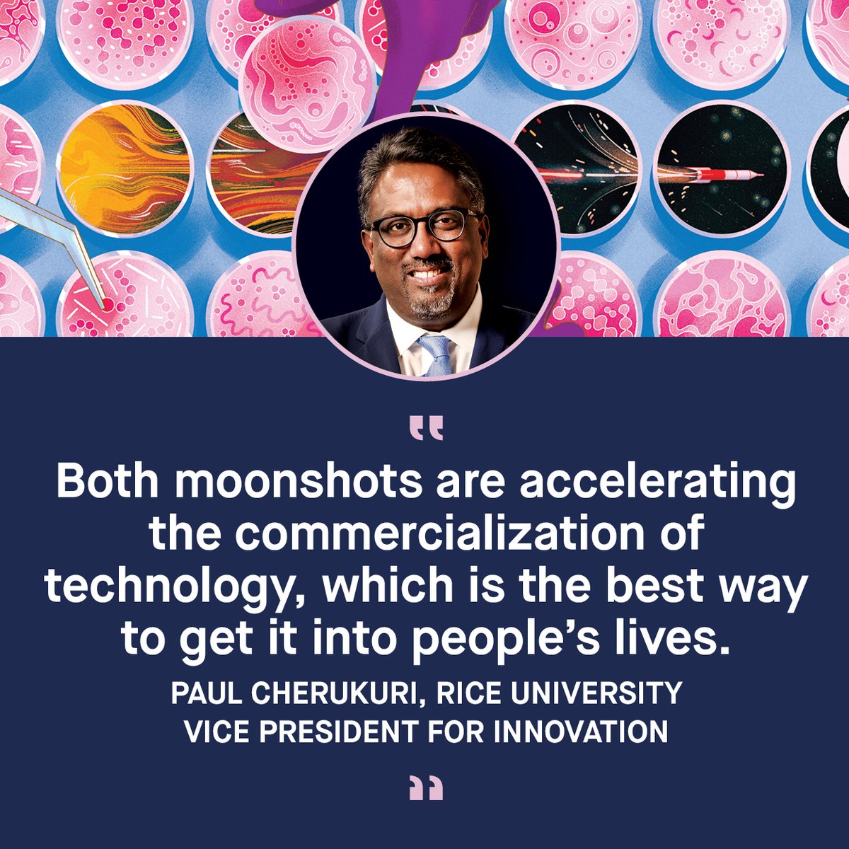 Rice recently announced two moonshots addressing the university’s goals in health care and energy transition technology. The Rice Biotech Launch Pad and the Woodson-Rice Decarbonization Accelerator aim to solve global problems on a deadline. bit.ly/447fqrY