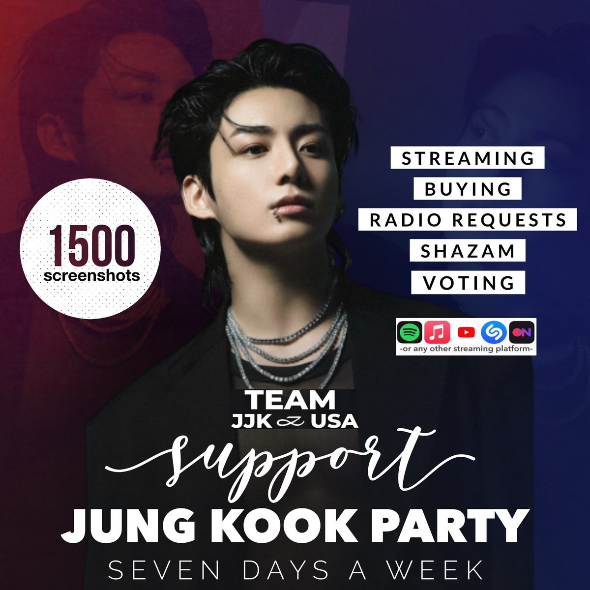 📀 SUPPORT •JUNGKOOK• DAILY PARTY 📀 🎯 GOAL 1️⃣5️⃣0️⃣0️⃣ SS We need to support Jungkook in all areas! DROP *NEW* SS FROM:  • Streaming  • Buying (receipts) • Radio tasks • Shazam • Votes ▫️STREAM SNTY + SNTY Remixes, Seven, 3D & GOLDEN, from any platform - including