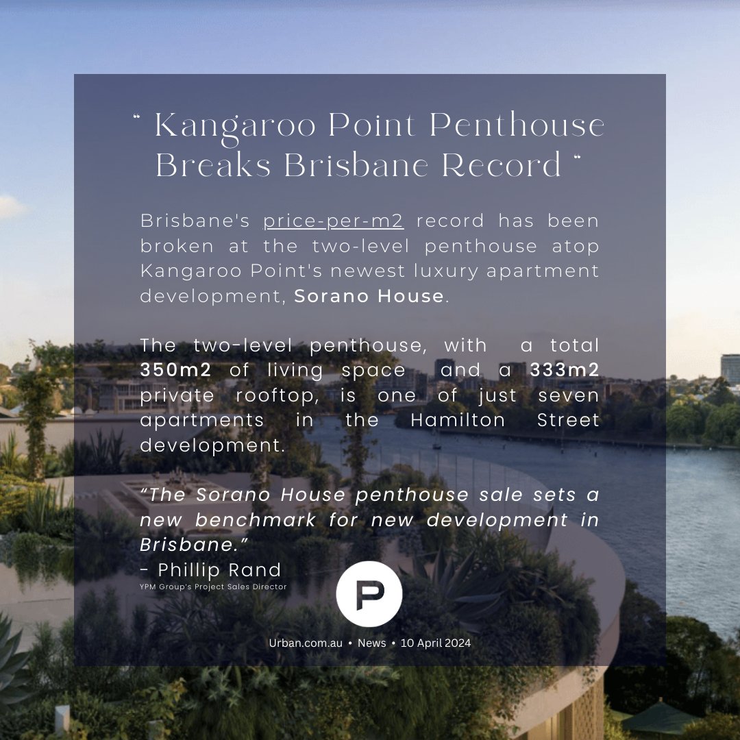 PlaceProjects's tweet image. | FAST FACT FRIDAY - With Place Advisory

“Kangaroo Point Penthouse Breaks Brisbane Record“
Follow the link to read more! 🔗 LnkBio/PlaceProjects

#placeadvisory #fastfactfriday #propertynews #realestate #brisbane #soranohouse #urban #kangaroopoint #trezettodevelopments #ypmgroup