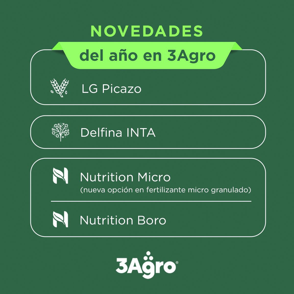 👀Mirá todos los lanzamientos que tenemos para este año⤵️

⚡️LG Picazo
⚡️Delfina INTA
⚡️Nutrition Micro
⚡️Nutrition Boro

<a href="/lgsemillas/">LG SEMILLAS 🌽🌻🌾🌱</a> 
<a href="/AgerAgro/">AGER</a> 

#3agro
