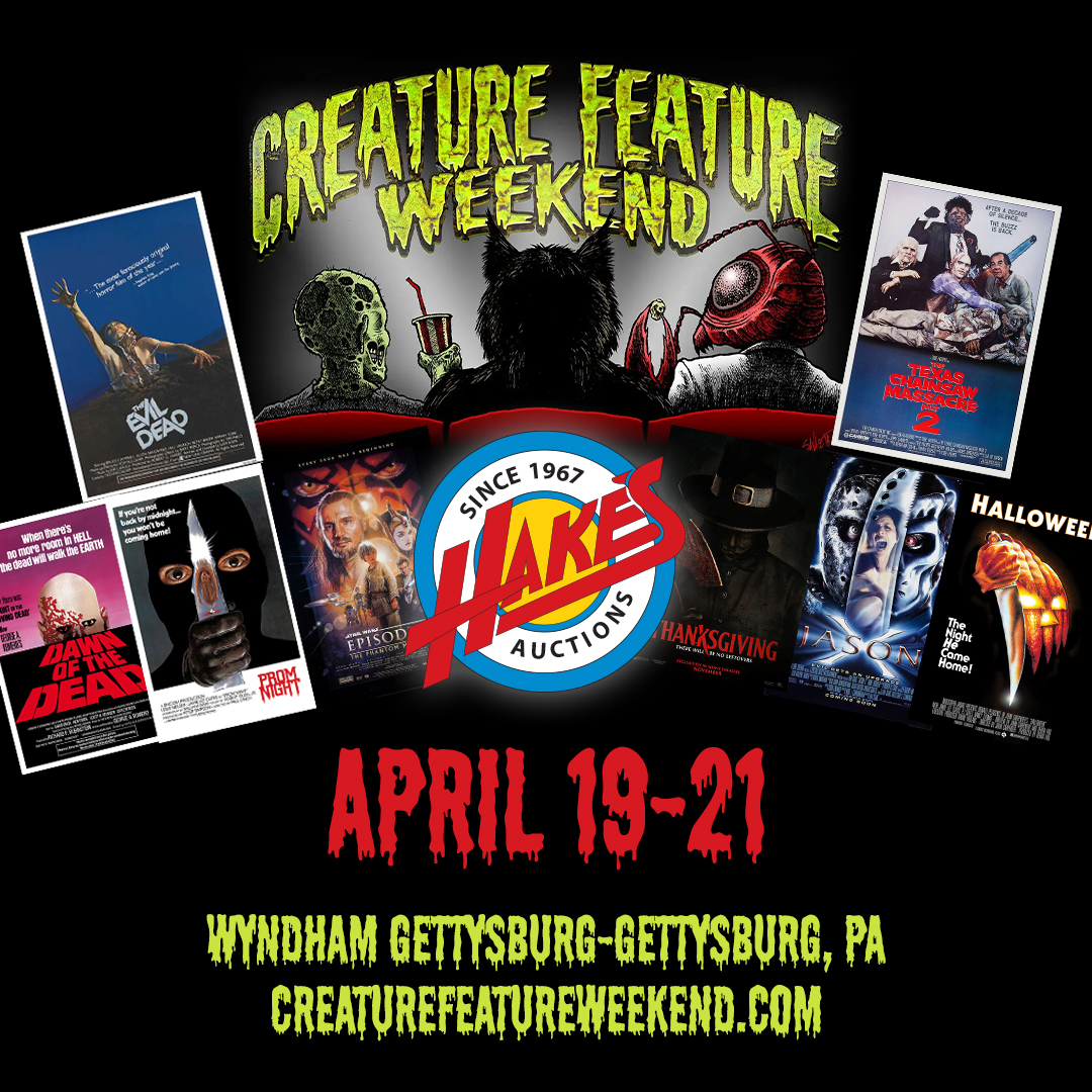 FRIDAY, SATURDAY & SUNDAY! 🖤 horror movies? ✅ out Creature @FeatureWeekend in Gettysburg, PA this weekend! Hake's & @Scoop_Gemstone will be there for a spooky weekend! 👻🧛‍♂️🧟‍♀️ Details HERE - creaturefeatureweekend.com #CreatureFeatureWeekend #Gettysburg #Pennsylvania #horrorfan
