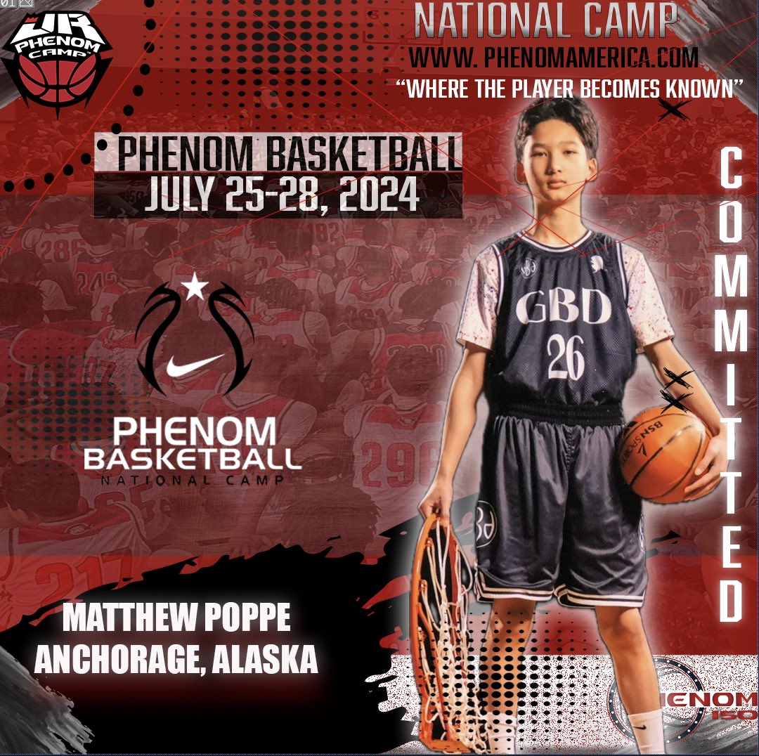 Phenom Basketball is excited to announce that Matthew Poppe from Anchorage, Alaska will be attending the 2024 Phenom National Camp in Orange County, California on July 25-28!
.
.
#wheretheplayerbecomesknown
#PhenomAmerica #PhenomNationalCamp #Phenom150 #jrphenomcamp