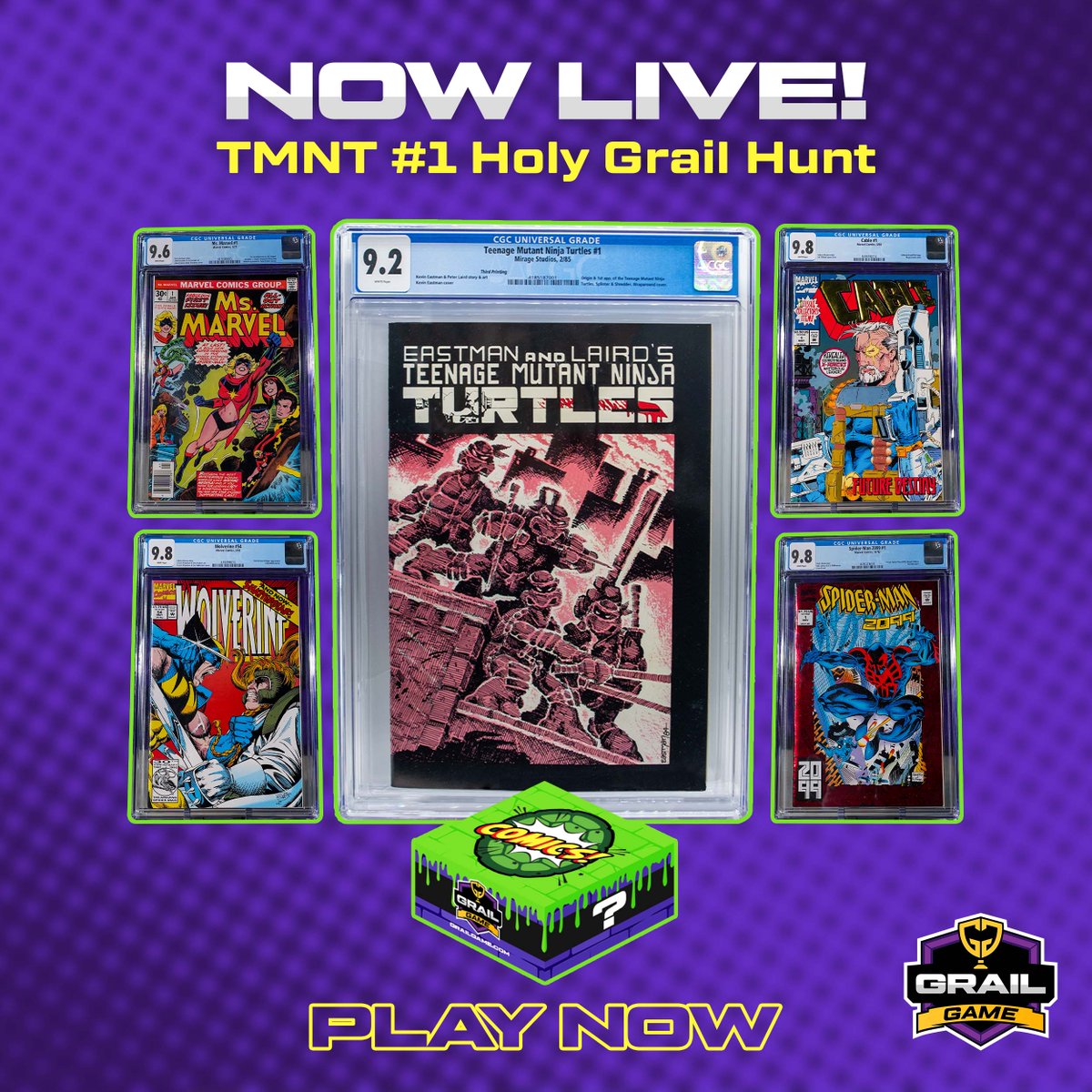 #GrailGamers! #ComicFans! Our Newest #Comic Game, TMNT 1 Holy Grail Hunt #MysteryBox Game is NOW LIVE!! 🎉 ⁠ 

No, Joke! Someone is going to win a #TeenageMutantNinjaTurtles 1 from 1985 Graded CGC 9.2. This epic comic book, created by #KevinEastman and #PeterLaird, is THE