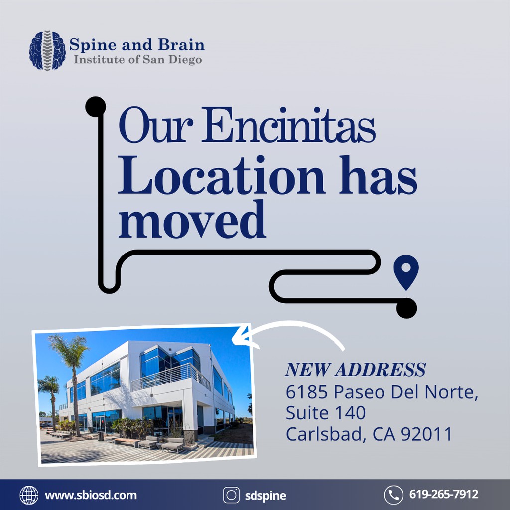 Important Announcement... Our North Coastal location has MOVED effective 4/18/24!

Visit us at 6185 Paseo Del Norte, Suite 140, Carlsbad, CA 92011, and experience our impressive new location and facility!

#wearemoving #newlocation #SBIOSD #spinecare #spinecarecenter
