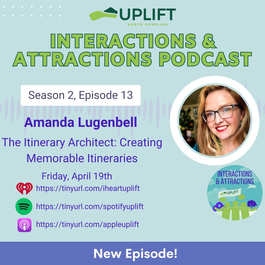 Join us tomorrow at 10 am, for the 13th episode of Season 2 of our podcast, Interactions & Attractions!🌟

#upliftnc #nctourism #podcast #podcastalert #visitnorthcarolina #visitnc #ncmainstreet #ruralplanning #ncdoc