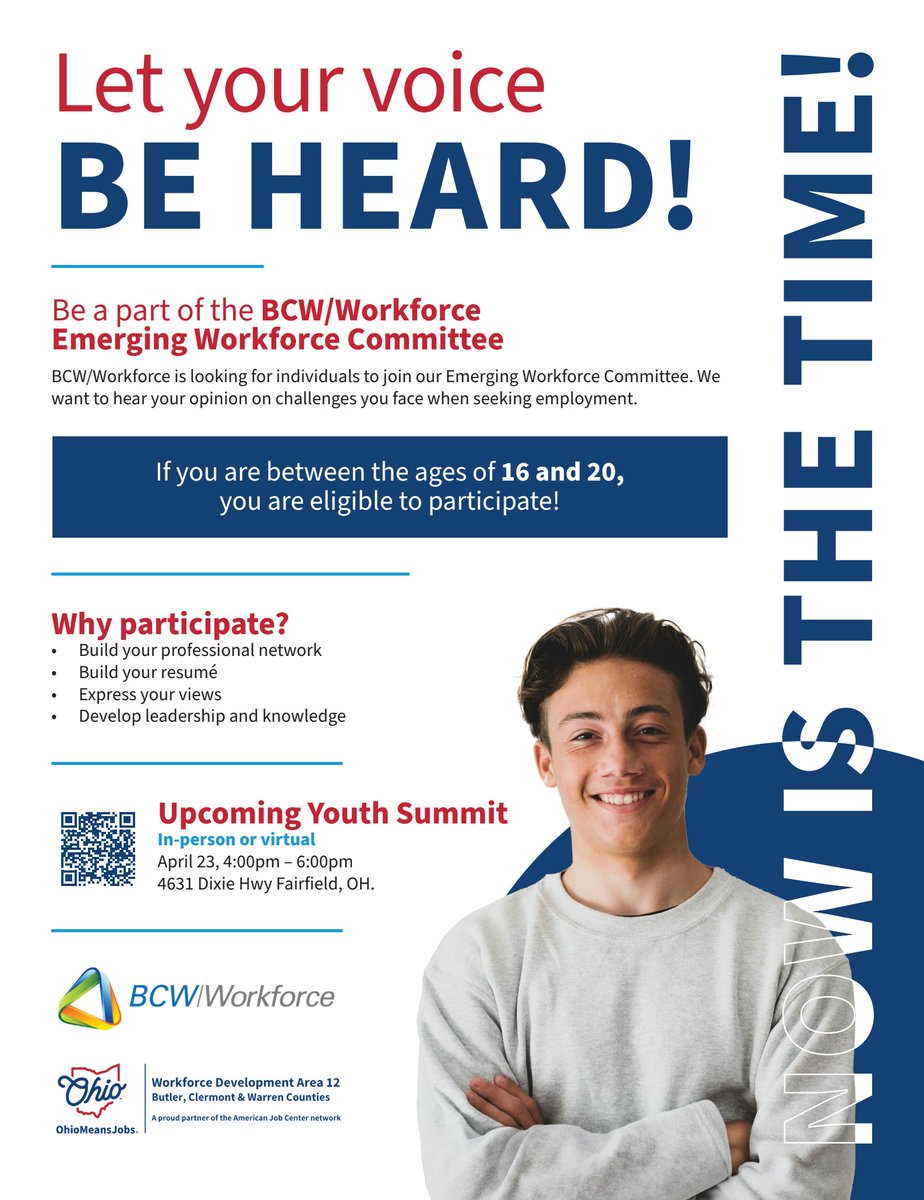 Be part of the BCW/Workforce Emerging Workforce Committee!
RSVP for the upcoming Youth Summit here! loom.ly/WfRcwvs

#BCWWorkforce #OhioMeansJobs #EmergingWorkforce #RSVPNow