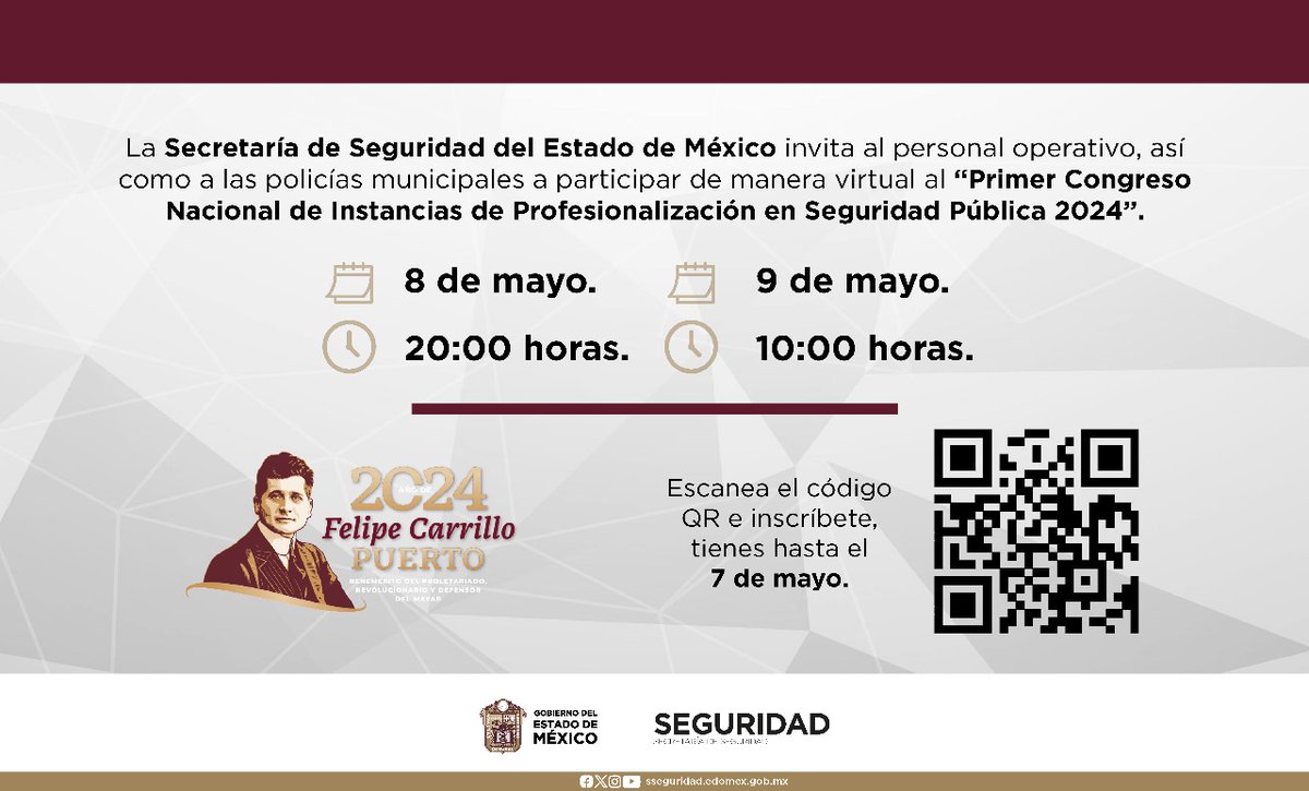 La #SSEdoméx 👮👮‍♀️ te invita a participar de manera virtual 🖱️ al 'Primer Congreso Nacional de Instancias de Profesionalización en Seguridad Pública 2024'. Escanea el código QR o ingresa al siguiente enlace: goo.su/2ipRv2. ¡Inscríbete y no faltes!