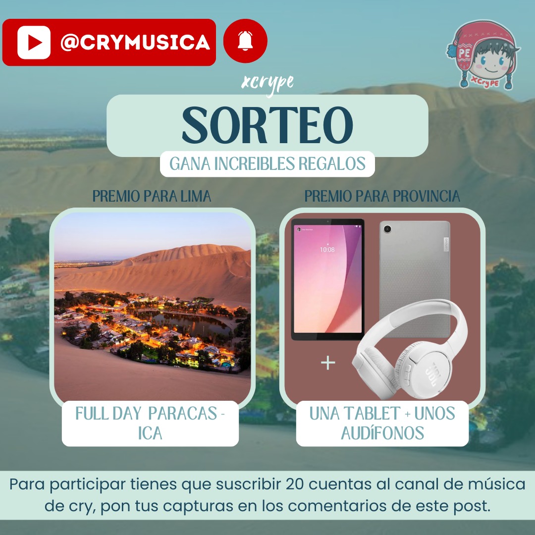 xcryperu's tweet image. Nos unimos a la dinámica ‼️
Puedes llevarte uno de estos dos premios,  solo tienes que suscribir 20 cuentas al canal de música de cry y colocar tus capturas en los comentarios de este post (solo se dara registro a las personas que pongan su captura en este post). Puedes suscribir