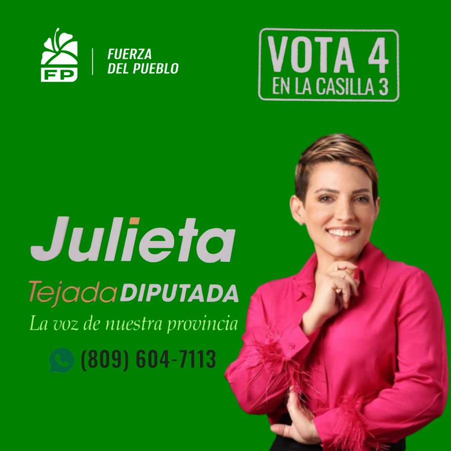 📢 La voz de Espaillat merece ser escuchada. Este 19 de mayo, vota 4️⃣ por Julieta Tejada en la casilla 3️⃣ de la Fuerza del Pueblo.

@FPcomunica
#julietadiputada
#lavozdenuestraprovincia
#Espaillat
#Moca
#Vota4
#VolvamosPaLante
#FuerzadelPueblo