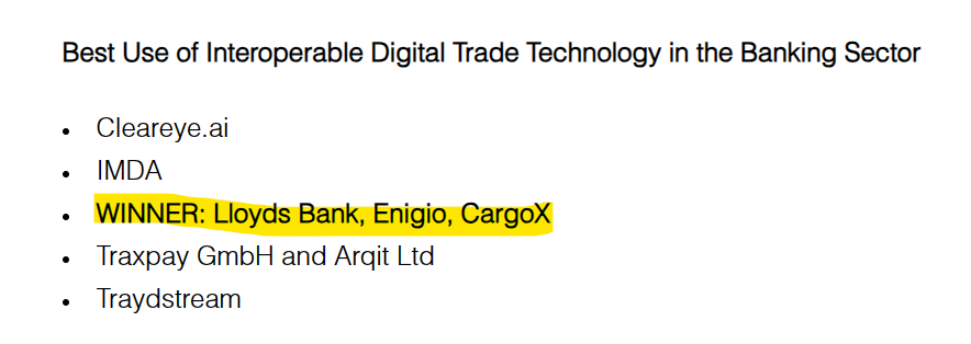 🟥注目していたC4DTI Digital Trade Awardsの受賞式の結果ですが XDC Trade Network & Yodaplus Technologiesは敗れ Lloyds Bank, Enigio, CargoXは選ばれました ＃XDC