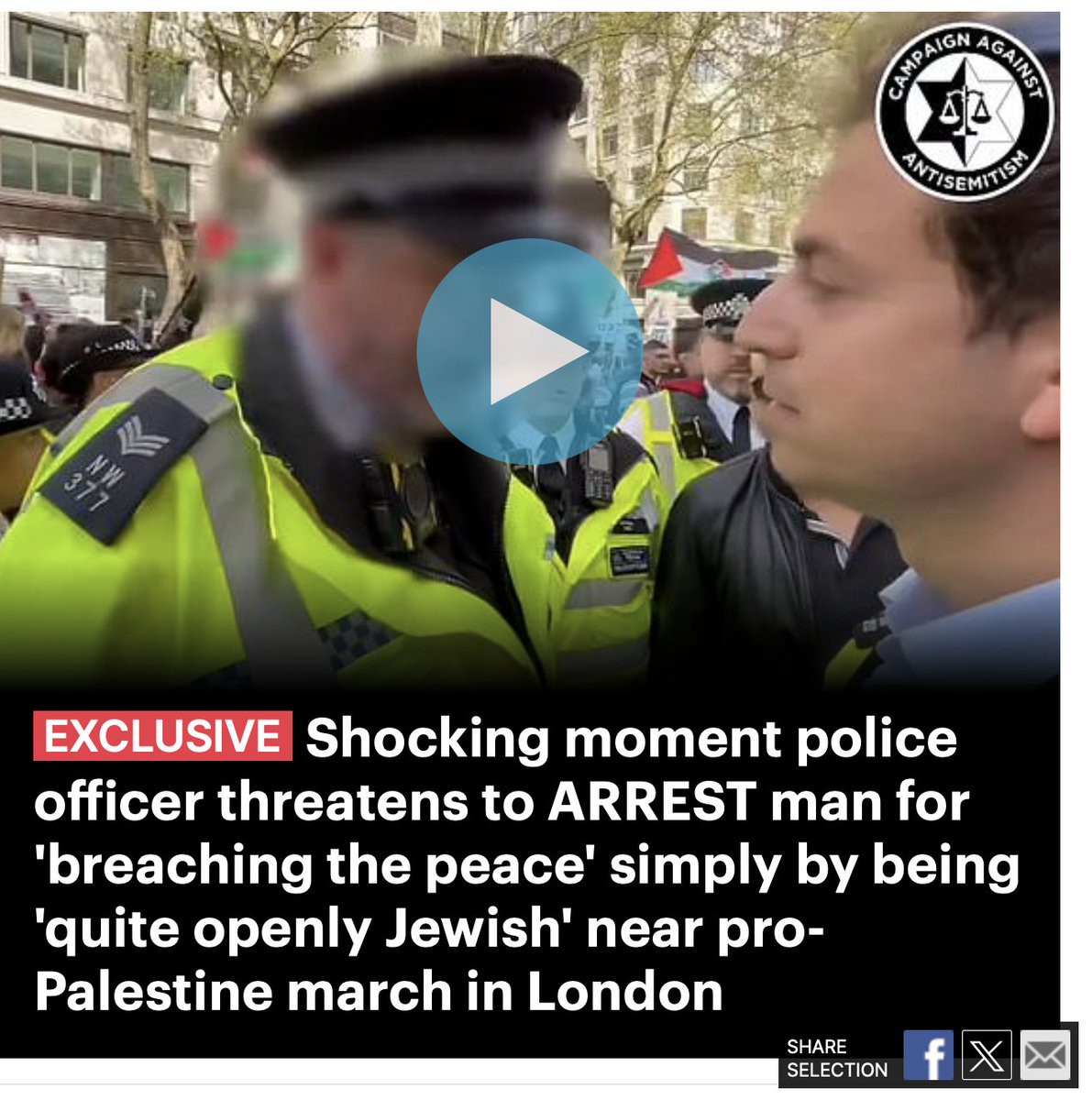 This Daily Mail story about a 'Jewish man trying to cross the road at a pro-Palestine march' fails to mention that the man is none other than 'Campaign Against Antisemitism' director, Gideon Falter, going about his day job of trying to stir up racial division at a Palestine rally