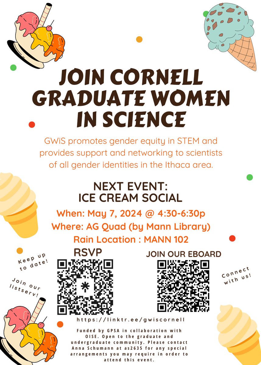 GWiSCornell's tweet photo. As summer approaches, GWIS is back with an "Ice Cream Social"🍦. Join us on May 7th at 4:30 pm at AG Quad (Rain location: Mann library Room 102) to mingle with fellow GWISies and enjoy some sweet treats!!❤️🍧🍦 https://t.co/Vp6FnqIPRO