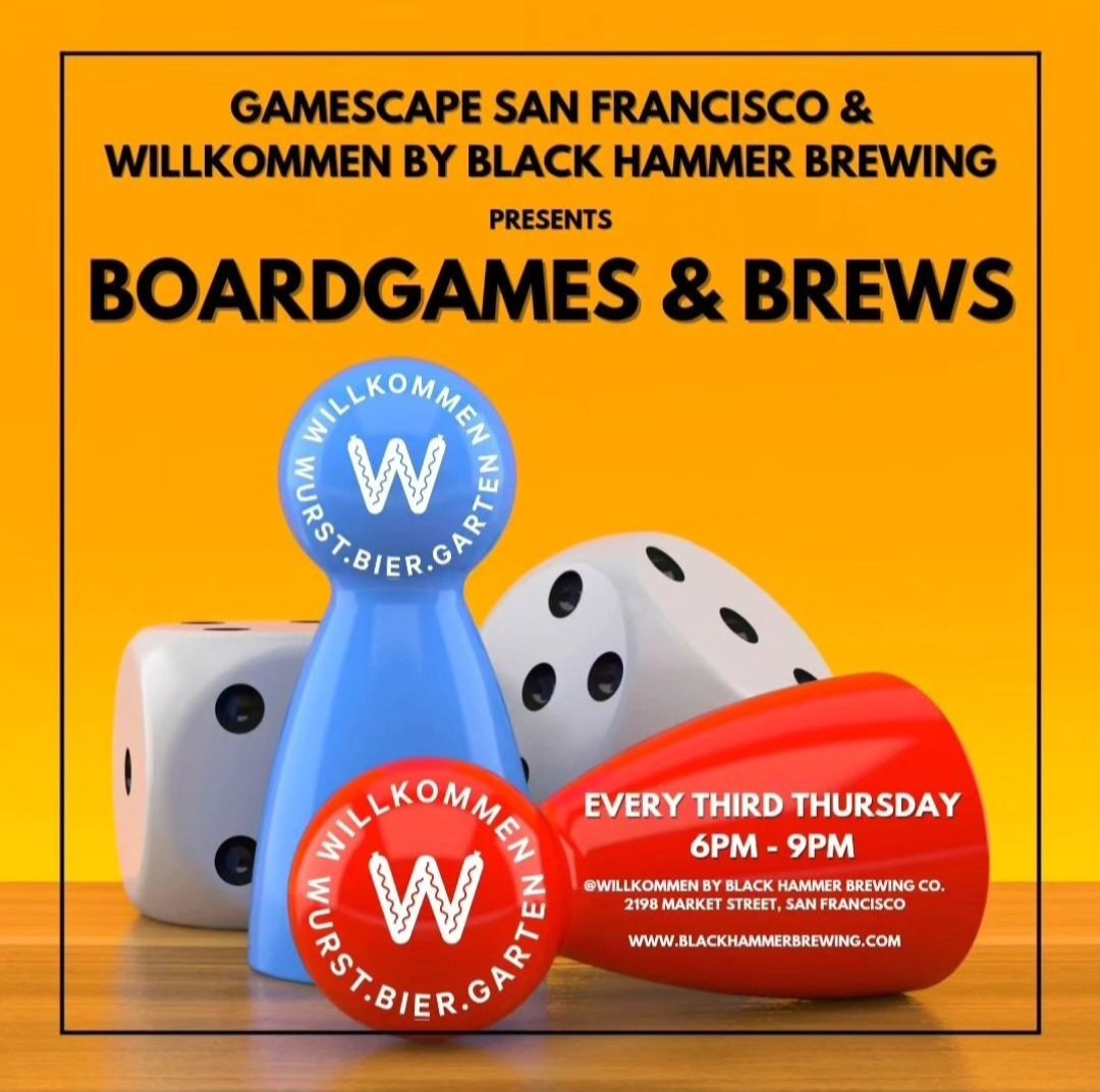 Tonight, join us for Boardgames & Brews from 6pm to 9pm! We've teamed up with Gamescape San Francisco for a fun night out for all ages. Go from bored to boardgames tonight at Willkommen!

#craftbeersf #sffoodie #sfbeer #sanfrancisco #willkommen #blackhammerbrewing #soma #castro