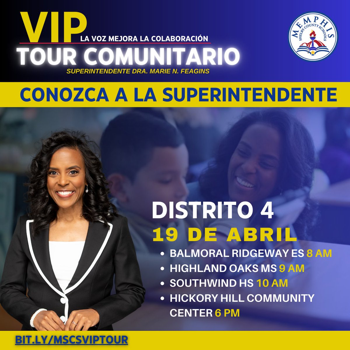 🌟 Hey District 4! Supe. @DrMarieFeagins is coming your way TODAY! Join her as she tours schools, ready to LISTEN & LEARN from YOU! Don't miss this opportunity to voice your insights. RSVP to let Dr. Feagins know you'll be there!👂📚 bit.ly/MSCSVIPTOUR