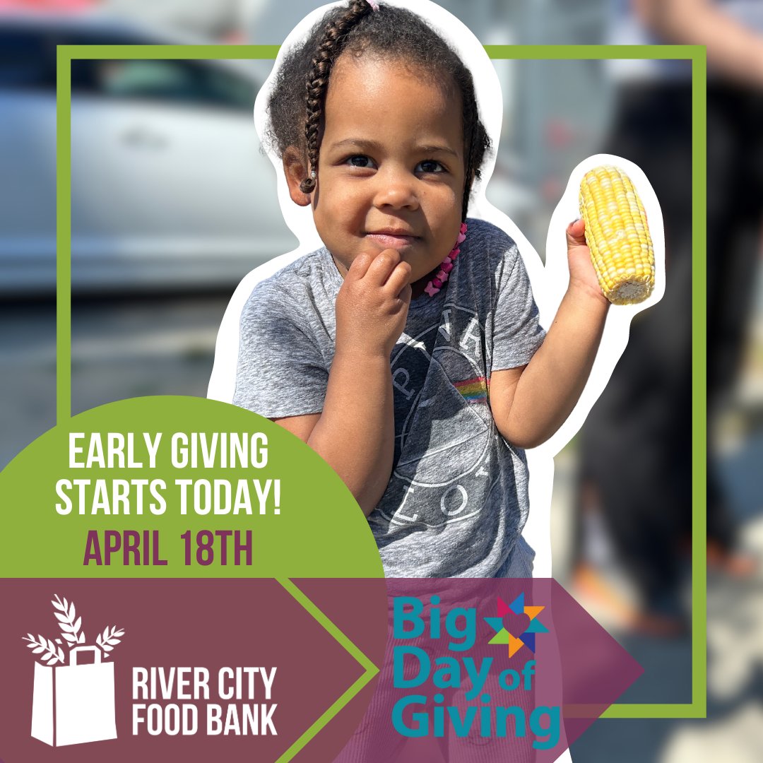 🥳Exciting News!🥳

Early giving for Big Day of Giving 2024 has officially begun today!

Don't wait until April 18th—get ahead and mark your calendars now for early giving. 

✨To schedule your gift to RCFB today, visit bigdayofgiving.org/rivercityfoodb…

#BigDayofGiving2024 #EarlyGiving