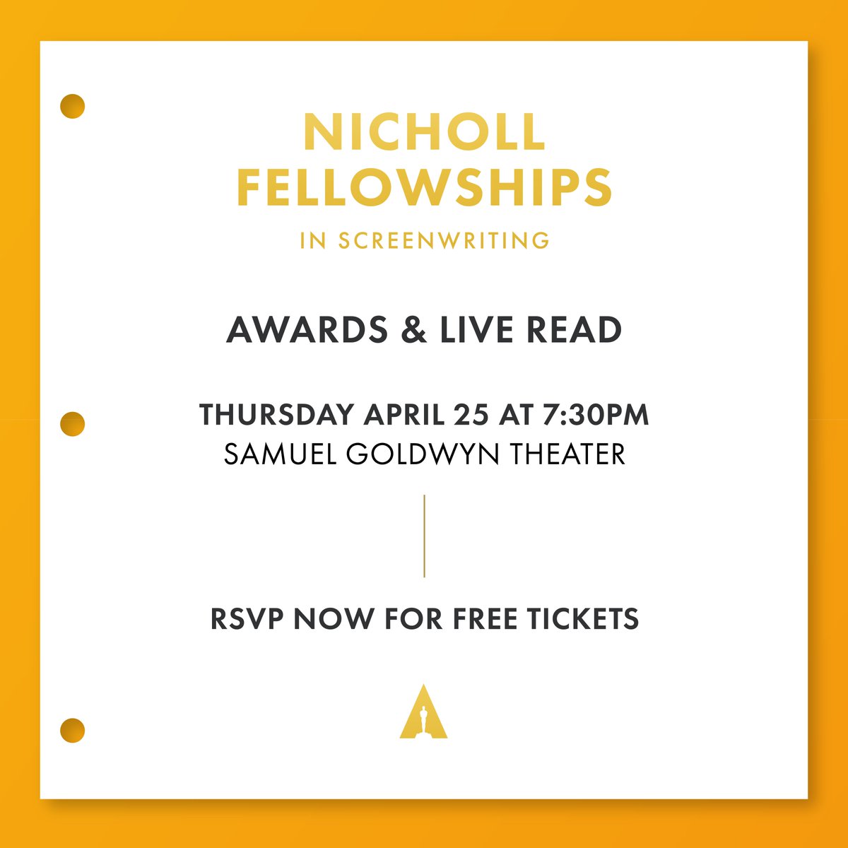 Reserve your FREE tickets for the Academy Nicholl Fellowships in Screenwriting Awards & Live Read, celebrating the 2023 Nicholl winners. bit.ly/nicholltix24