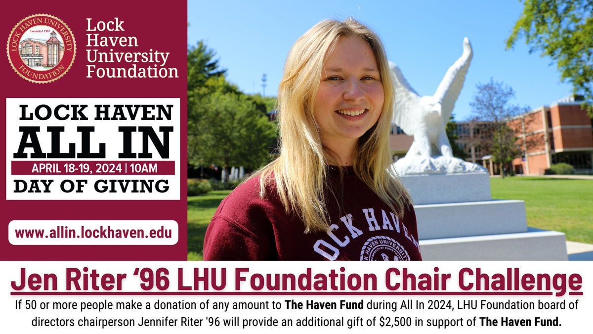 We're up to 41 gifts for $6,020 to The Haven Fund! We only need 9 more to unlock a $2,500 gift from LHU Foundation chair Jen Riter '96. Make a gift of any amount to The Haven Fund now at: allin.lockhaven.edu/organizations/… #LHUAlumni #GiveToLHU #LHUALLIN #BaldEaglesForLife #HavenProud