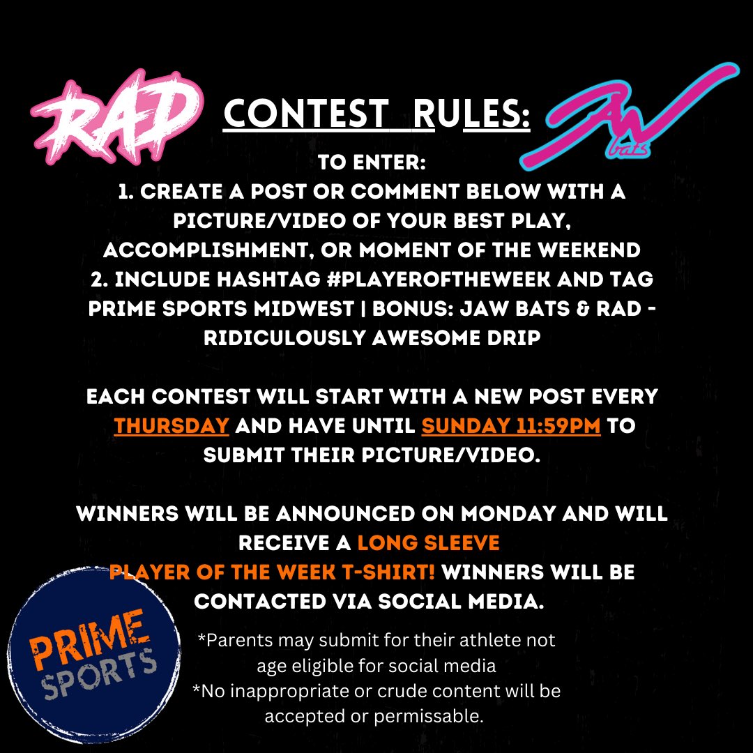 🚨 Player of the Week 🚨
Week 6 is live for submissions 
Partnered with JAW BATS LLC & RAD - Ridiculously Awesome Drip
Contest Rules Pictured Below!
Winners will be selected on Monday and will receive their Long Sleeve PSMW Player of the week shirt! 
#playeroftheweek
