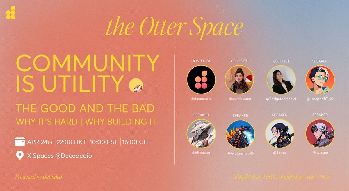 Next Wednesday will be a big day! Set your reminder and come join the conversation! 🦦The Otter Space: Community is Utility? Why it's hard? Why building it? 🎙️Apr 24th | 10am EST ✍️RT and Comment if you want an invitation to our private discord. Space link below