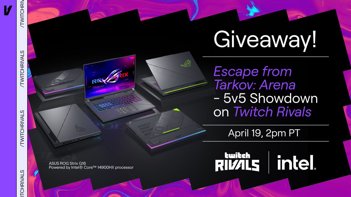 🎁 💻 GAMING LAPTOP GIVEAWAY 💻 🎁 Now that I have your attention... Tune in to Escape from Tarkov: Arena - 5v5 Showdown for your chance to win an @ASUS_ROGNA Strix G16 gaming laptop featuring @IntelGaming’s new Intel Core 14th Gen HX laptop processors!