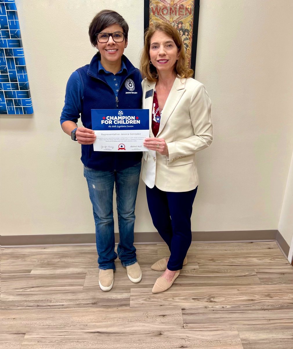 Today, I had the privilege to meet with Kelley Thomas, Vice President of Leadership with Texas PTA. She presented me with the Champion for Children award for my work to protect public schools during the 88th Legislative Session. I am grateful for this recognition and motivated to