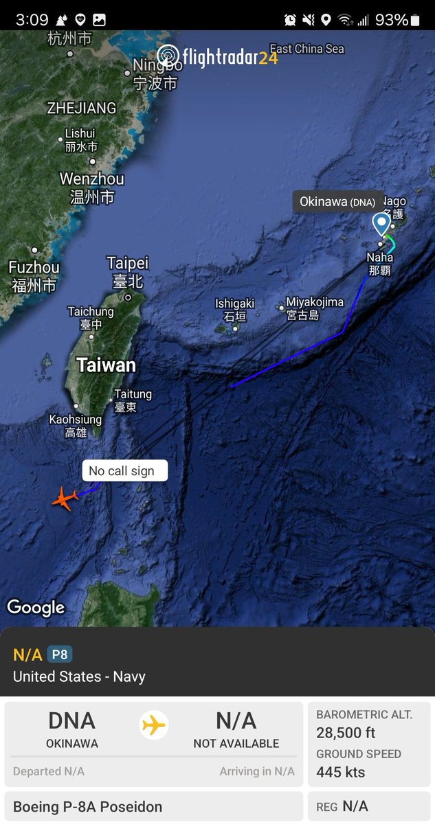 Borrowed7Time's tweet photo. US Navy P-8A Poseidon #AE6786 departed Kadena AFB, tracking over the Luzon Strait/South China Sea. https://t.co/LE8oNL5tpB