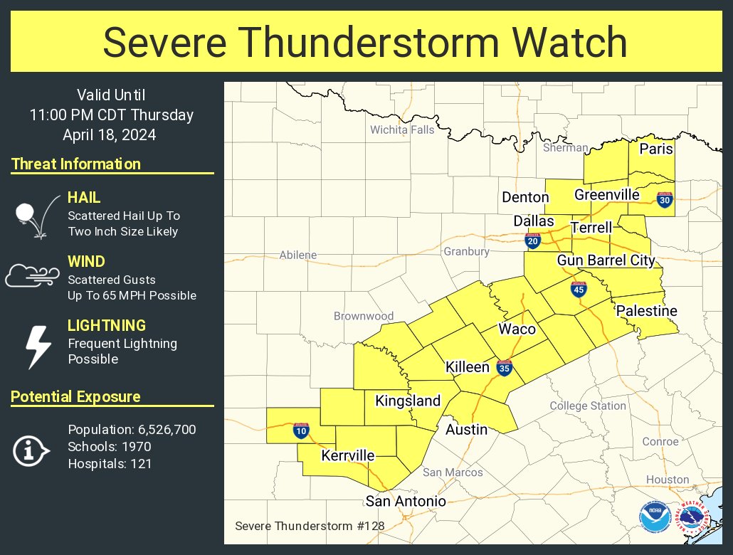 A severe thunderstorm watch has been issued for parts of Texas until 11 PM CDT