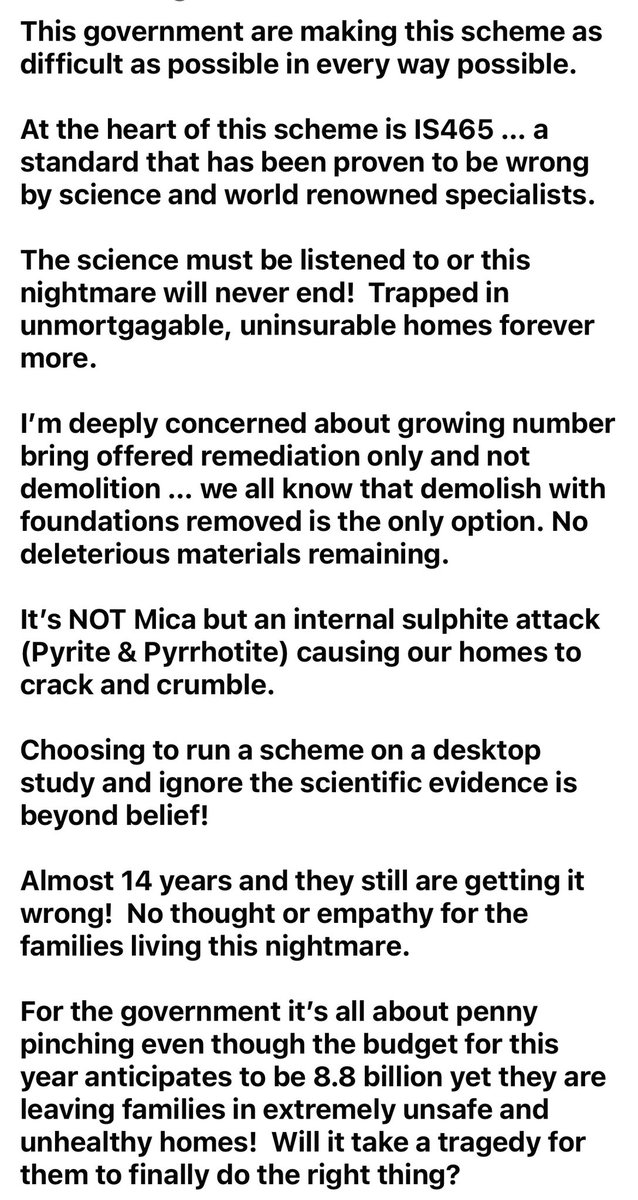 We need to elect people who are willing to challenge the scheme … it does not work!  IS465 standard is WRONG as only takes mica into account when it’s been proven that it’s pyrite and Pyrrhotite! 
#Elections2024 #VoteForJoy #100percentredress #DefectiveConcreteCrisis #buncrana