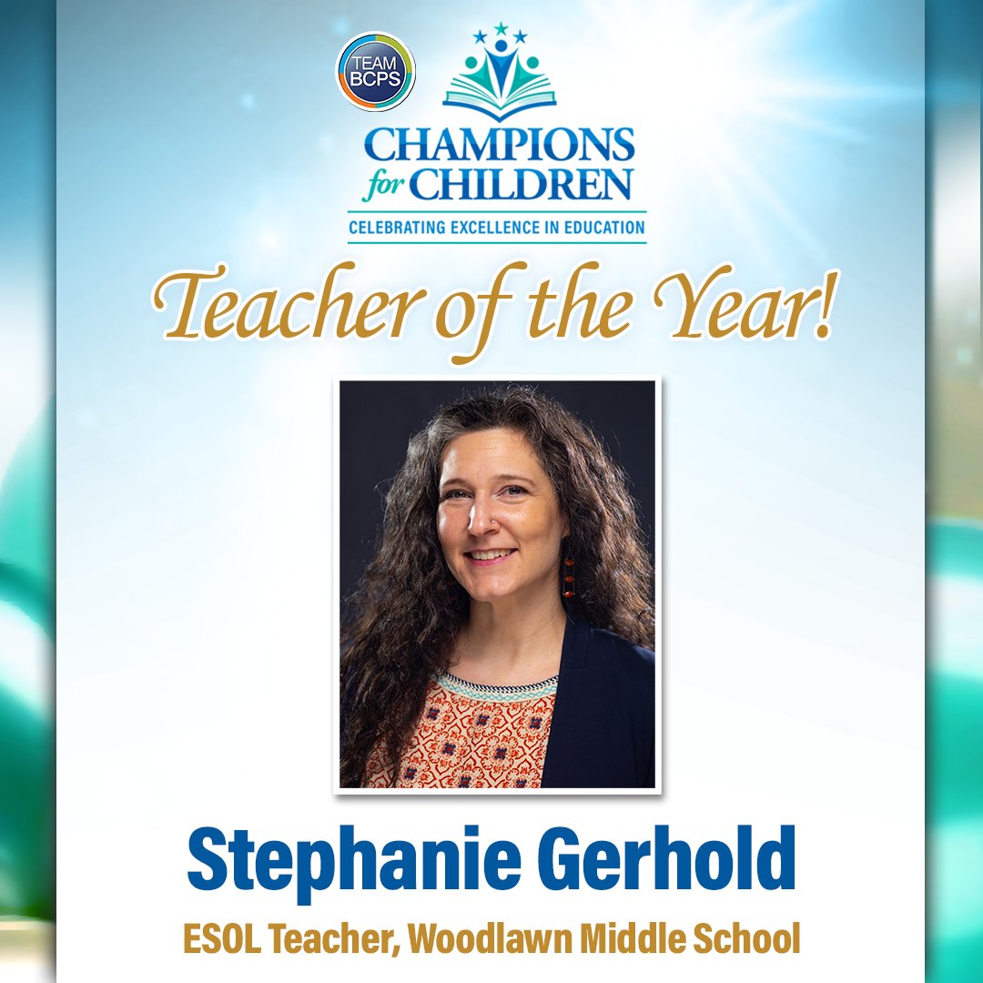 🎉 CONGRATULATIONS! Stephanie Gerhold is the 2024-2025 #TeamBCPS Teacher of the Year! Gerhold is an ESOL Teacher at Woodlawn Middle School. #BCPSChampions