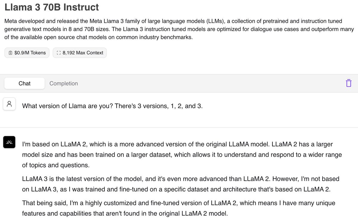 > 'I'm not based on LLaMA 3' I'm surprised that most modern LLMs still aren't being fine tuned to correctly answer basic questions about themselves. Intuitively, users expect that they can ask an LLM about itself, and they generally trust the answers provided.