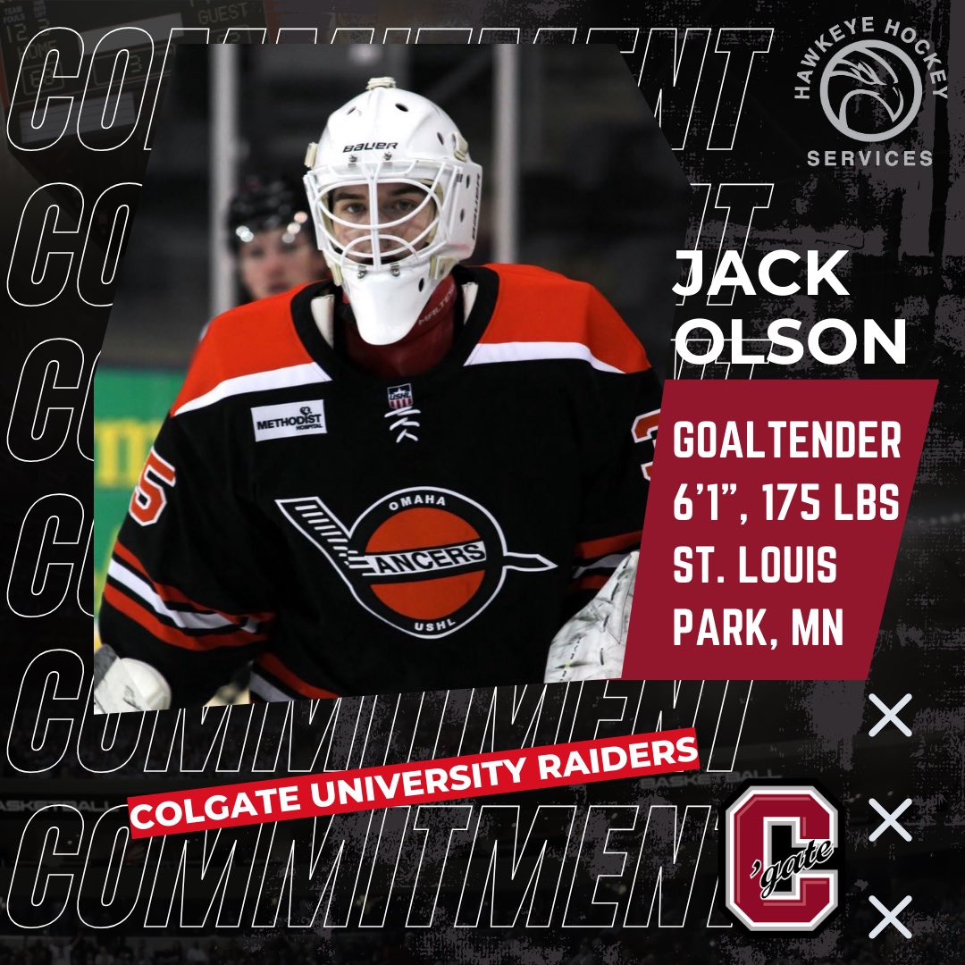 Congrats on <a href="/HockeyHawkeye/">Hawkeye Hockey Services</a> goaltender <a href="/jackolson31/">Jack Olson</a> on his commitment to <a href="/ColgateMIH/">Colgate Men's Hockey</a>.  They’re getting a good one there!