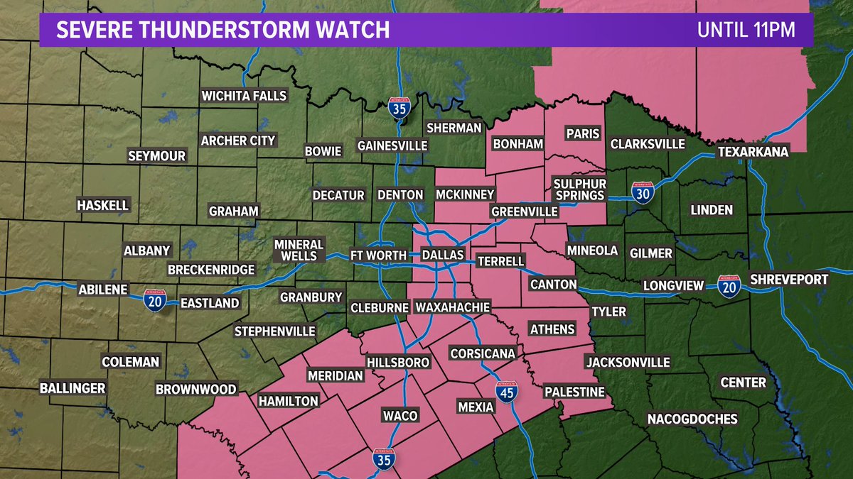 A Severe Thunderstorm Watch has been issued for the eastern half of North Texas until 11pm. It does included Dallas and Collin Counties in the DFW area. However, the window for storms in those counties is really over the next 1-2 hours. #wfaaweather