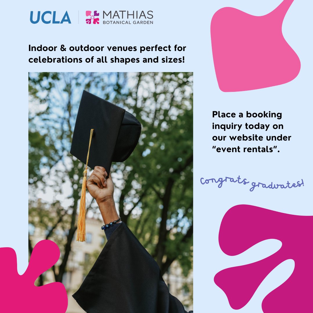 Looking to celebrate your achievements in the most magical corner of campus? 💫 Host your graduation party at one of our beautiful event venues! Take photos and hang out next to our newly renovated stream and waterfall. Place a booking inquiry today: botgard.ucla.edu/venue-reservat…