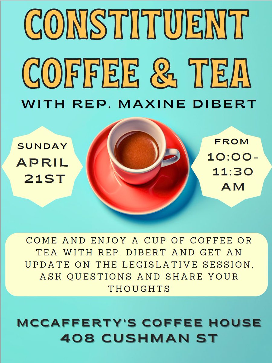 Sunday @ McCafferty’s 10am — 11:30am. Come enjoy a cup of coffee and a snack on me. Get an update on recent budget actions, capital projects in the Fairbanks area, &amp; the other pending legislation. Share your ideas. Drop in anytime during this timeframe  Sunday Morning. #akleg